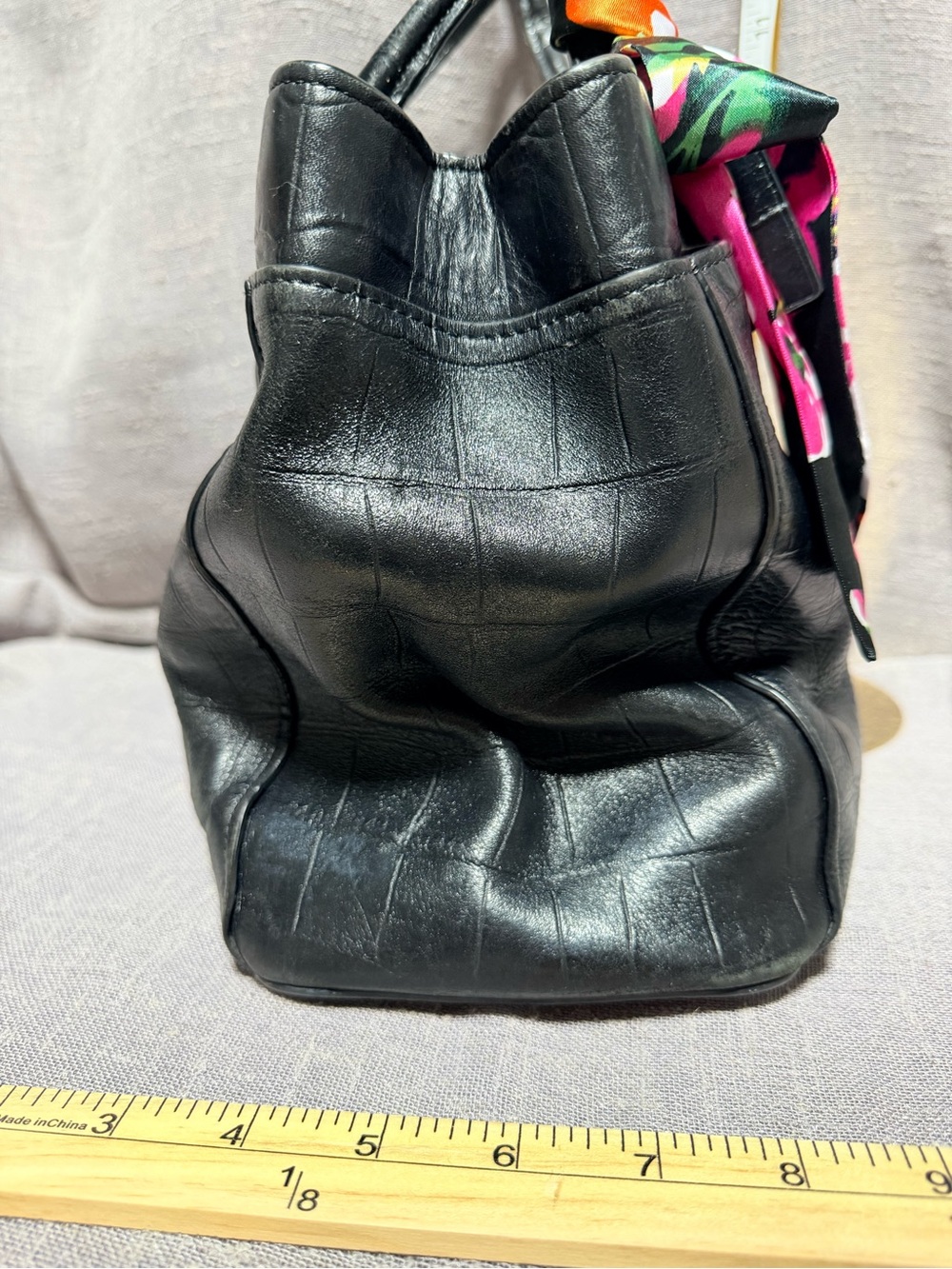 Coach Black Croc-Embossed Leather Tote with Floral Scarf Accent - Picture 4 of 11